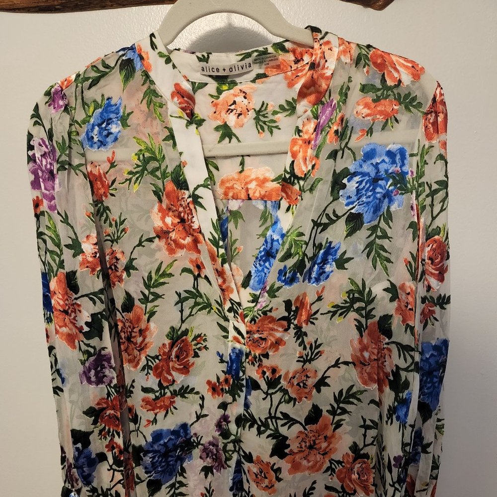 alice + olivia rose print silk blend blouse